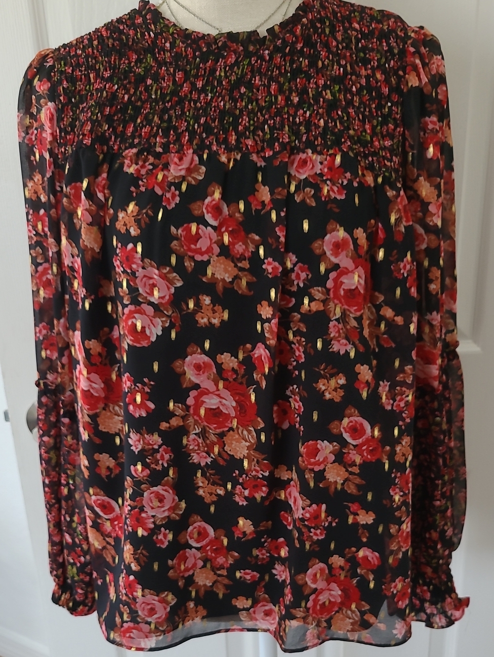 CeCe Black Floral Smocked Long-Sleeve Bloise with Red & Pink Roses And Long Slee